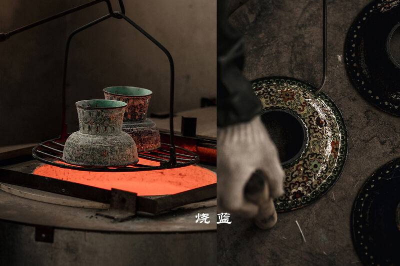 烧蓝工序：点釉入窑烧制